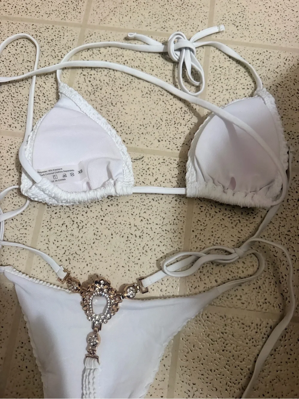 White Two-Piece String Bikini with Jeweled back Accent